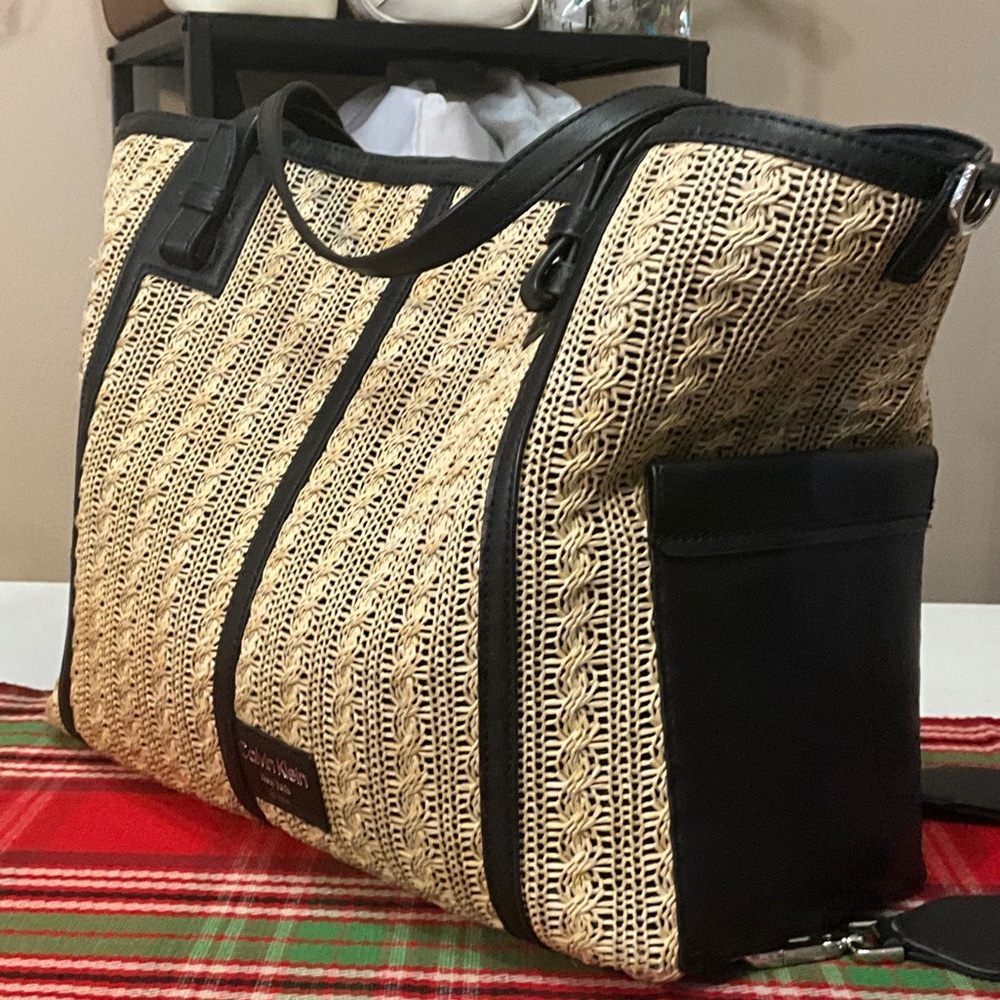 Calvin Klein Black Trim Woven Straw Tote - Picture 2 of 10
